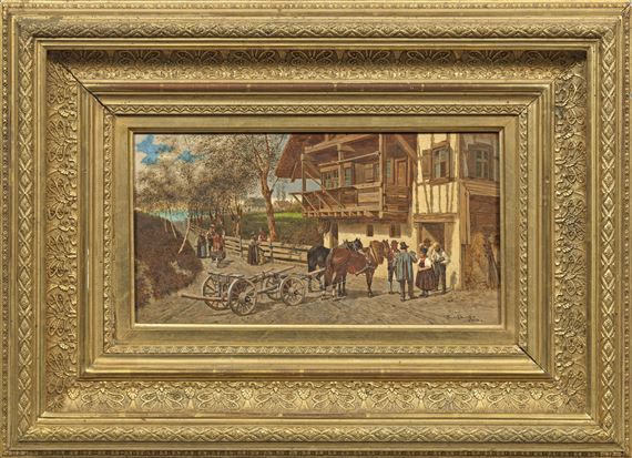 Rastende Bauern mit einem Pferdekarren vor einem ländlichen Gasthaus by Franz Quaglio, 1881