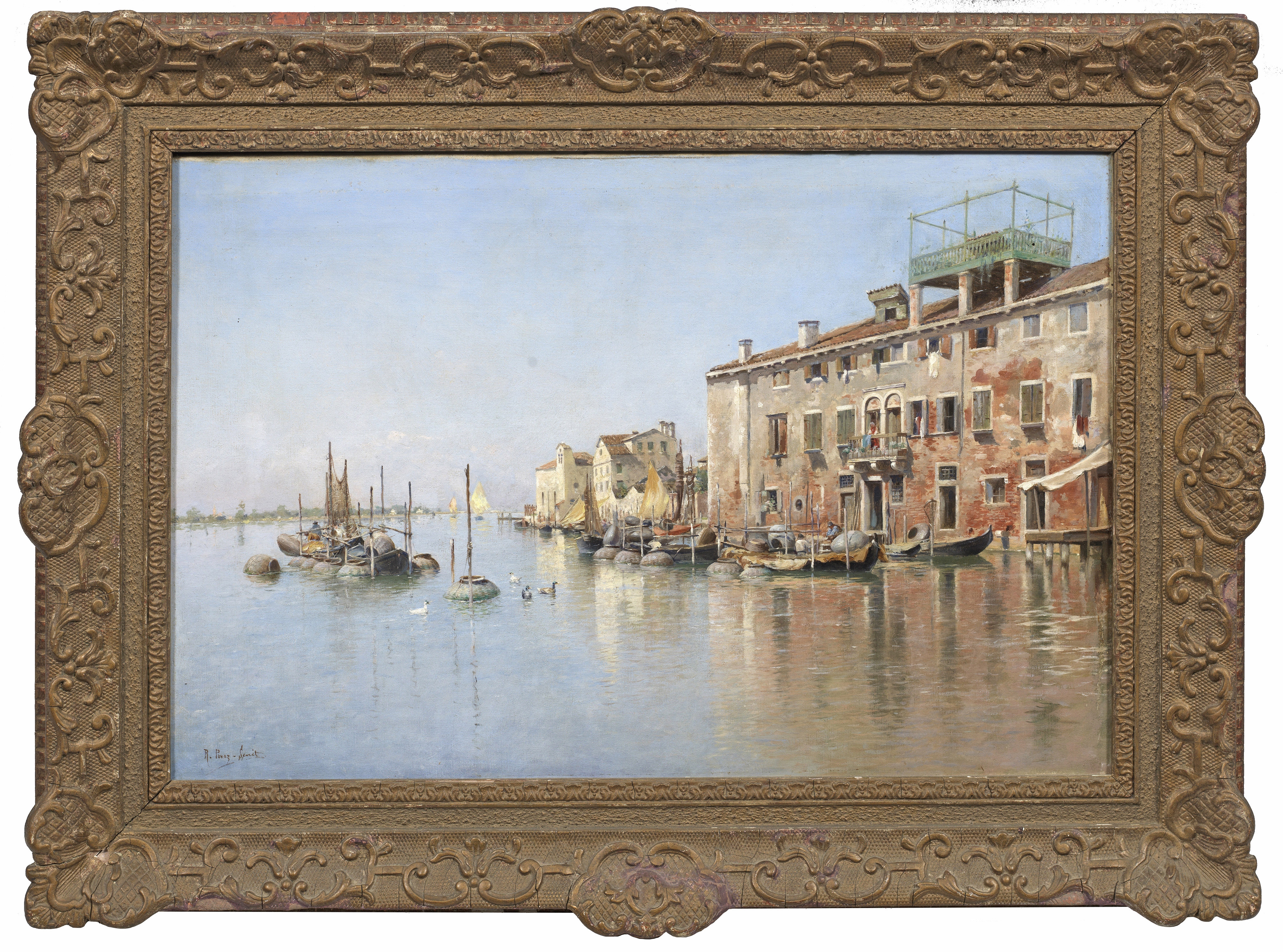 Artwork by Rafael Senet, Ansicht von Venedig mit Fischerhäusern und -booten am Canal Grande, Made of Oil on canvas