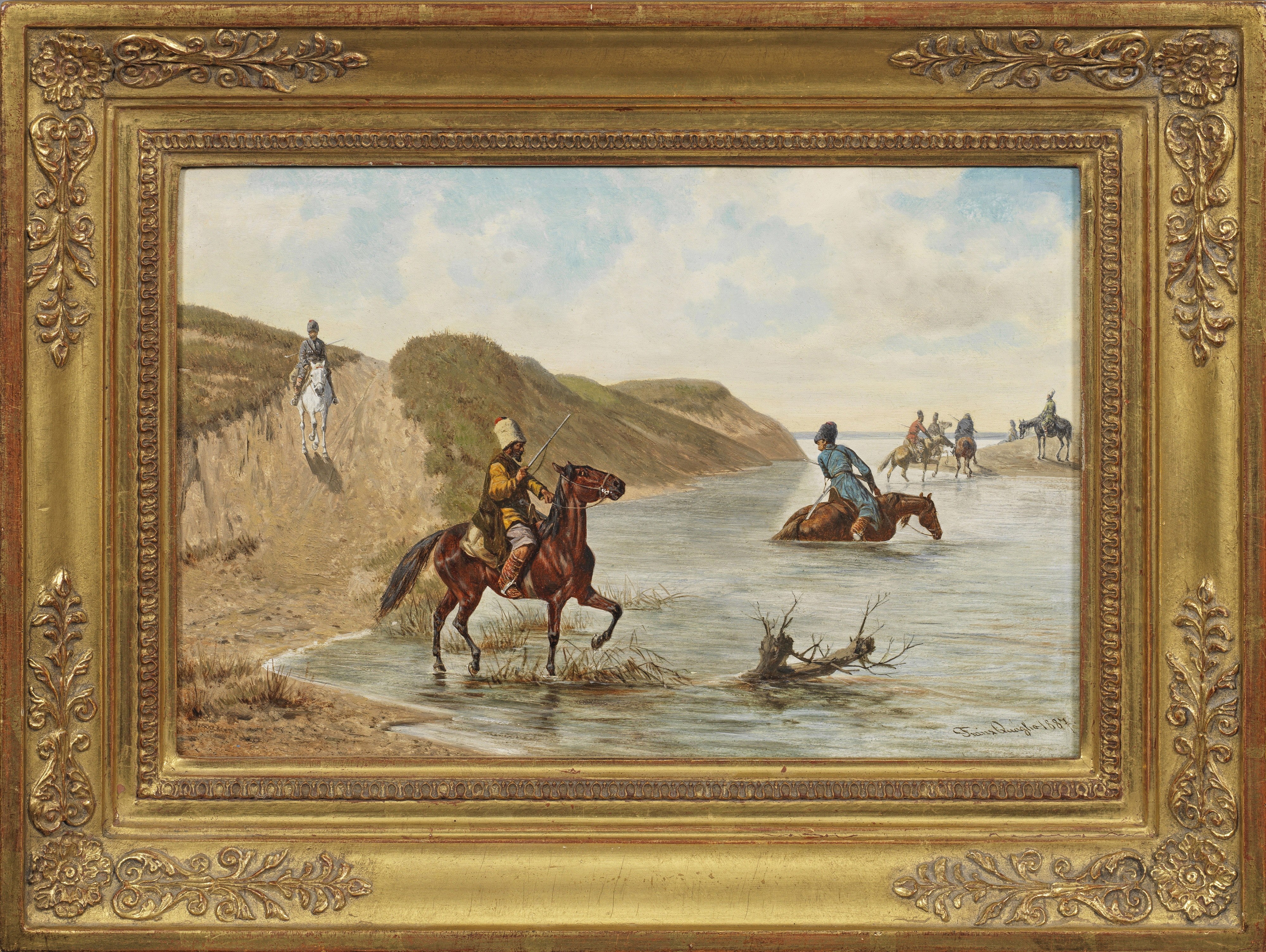 Artwork by Franz Quaglio, Tscherkessen zu Pferde beim Überqueren eines Flusses, Made of Oil on mahogany panel