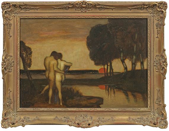 Akt-Paar in einer Flusslandschaft vor untergehender Sonne by Adolf Frey-Moock