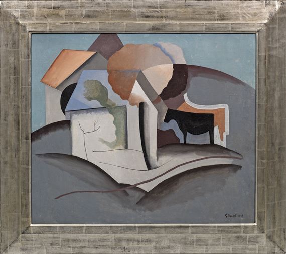 Kubistische Landschaft mit Kühen und Häusern hinter Bäumen by Gustave Buchet, 1929