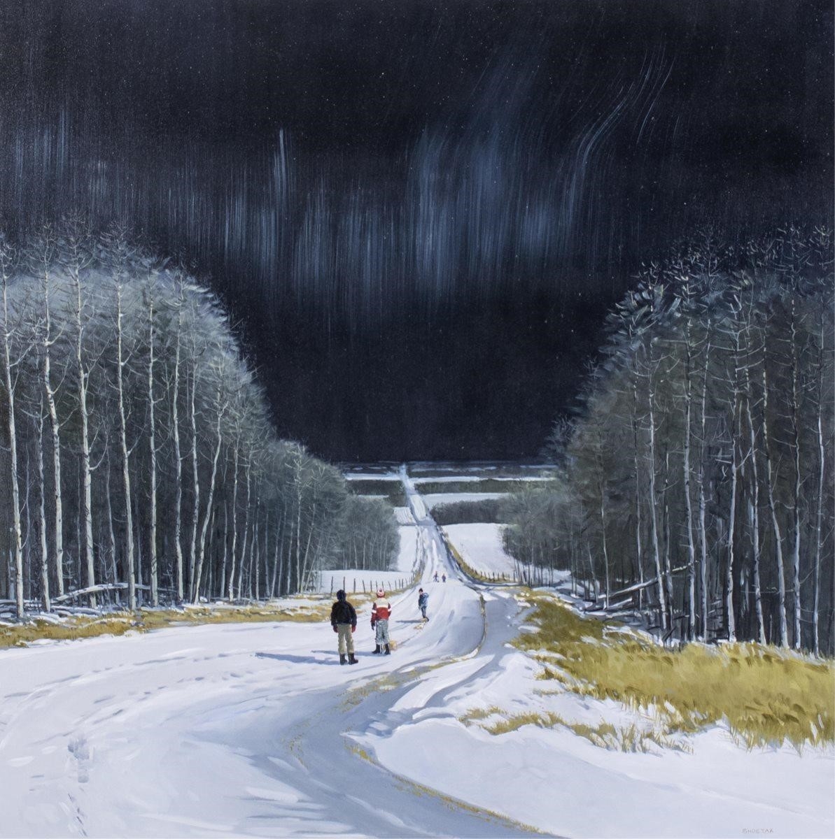 Artwork by Peter Shostak, TOBOGGANING UNDER THE STARS, Made of oil on canvas