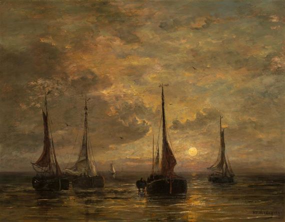 Bomschuiten en een visserskar op de kustlijn bij maanlicht (Bomschuits and fish stall on the shore by moonlight) by Hendrik Willem Mesdag, 1895