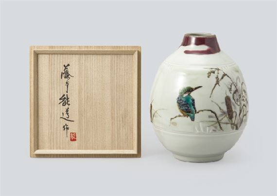 Greenish white glazed jar depicting kingfisher by Yoshimichi Fujimoto