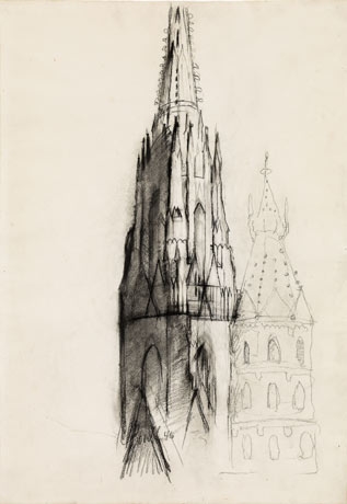 Artwork by Herbert Boeckl, St. Stephen's Cathedral, Made of charcoal pencil on paper, mounted on cardboard