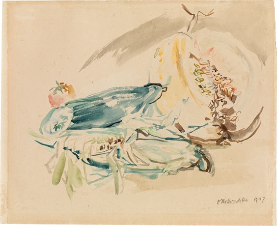 Artwork by Oskar Kokoschka, Stilllife with cucumber and pumpkin, Made of Watercolour on paper