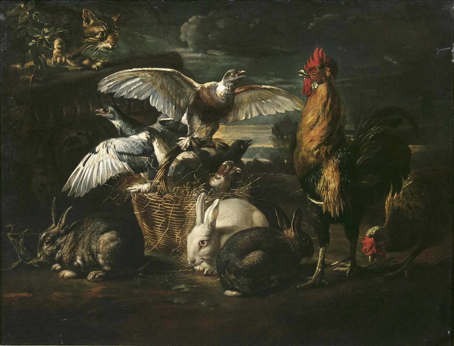Artwork by Pieter Boel, FEDERVIEH MIT KATZE UND KANINCHEN, Made of oil on canvas
