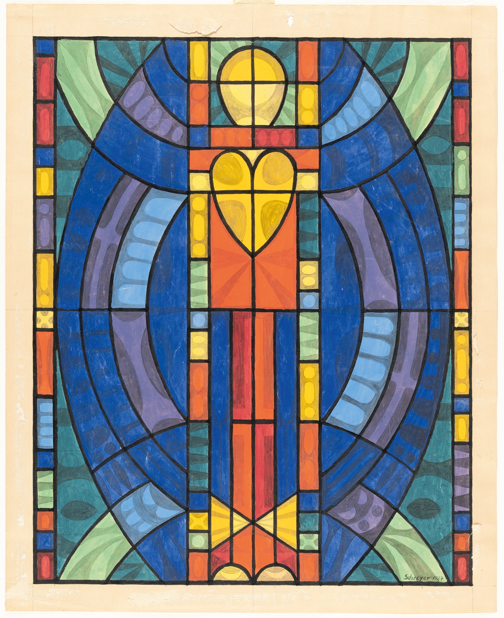 Artwork by Lothar Schreyer, Design for a stained glass window (oval), Made of Gouache, Indian ink, and pencil on cream wove