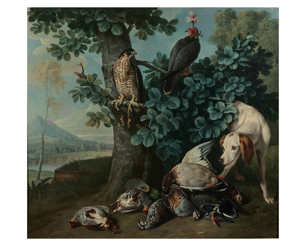 Artwork by Alexandre-François Desportes, Chien à l’arrêt Devant un Trophée de Perdrix, col-vert et Bécasse: au-Dessus deux Eperviers Branchés, Made of Canvas