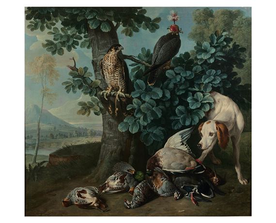 Chien à l’arrêt Devant un Trophée de Perdrix, col-vert et Bécasse: au-Dessus deux Eperviers Branchés by Alexandre-François Desportes, 1728