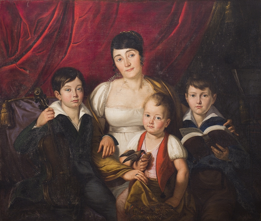 Retrato de familia sobre un interior con cortinaje rojo by French School, 19th Century