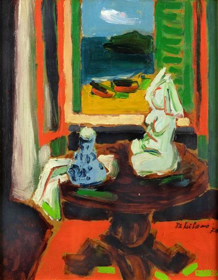 Interno con tavolino e statua" Roquebrune (Nizza) by Giulio Da Milano, 1974