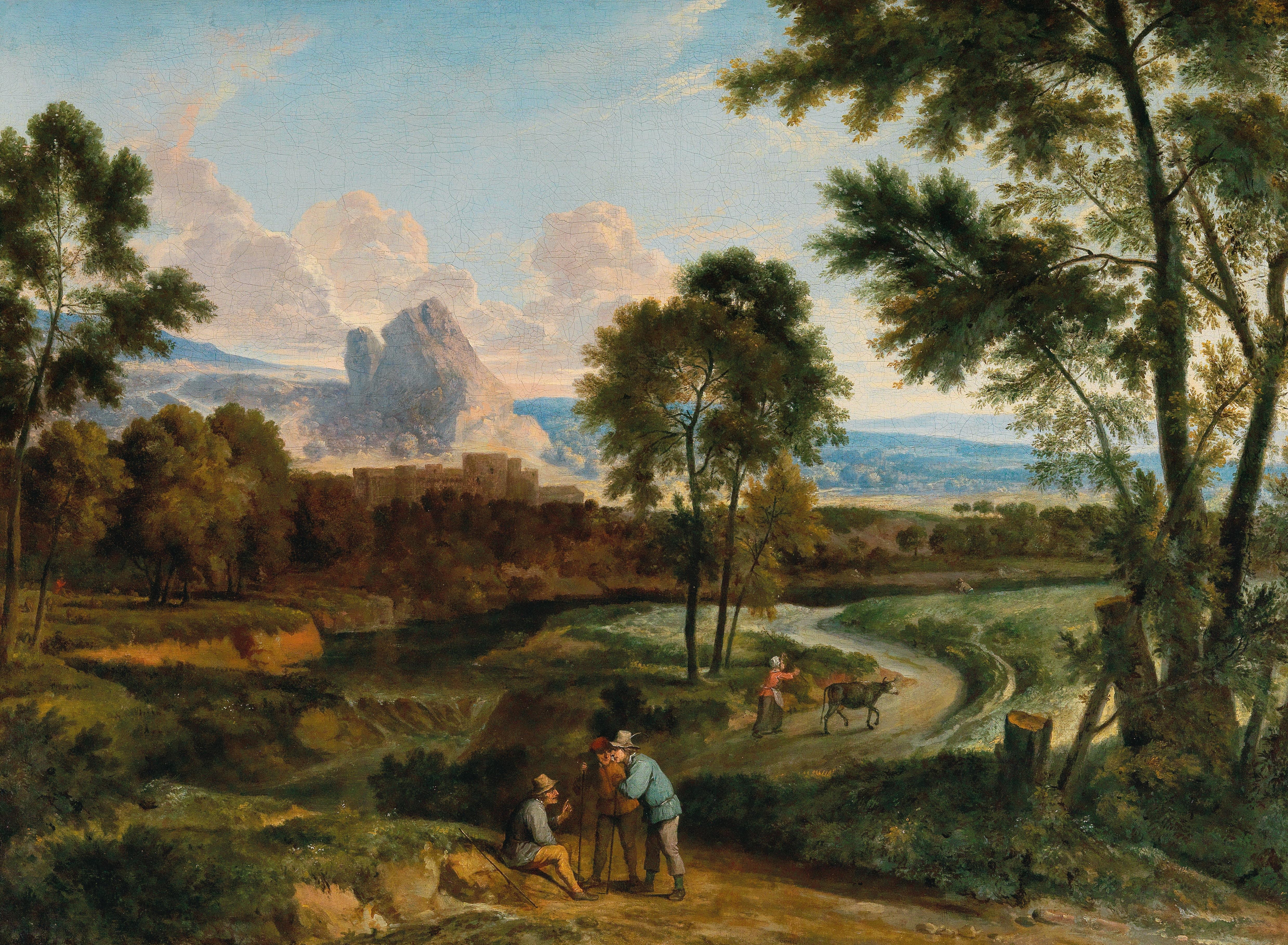Artwork by Flemish School, 17th Century, An extensive landscape with mountains in the background and travellers, Made of Oil on canvas