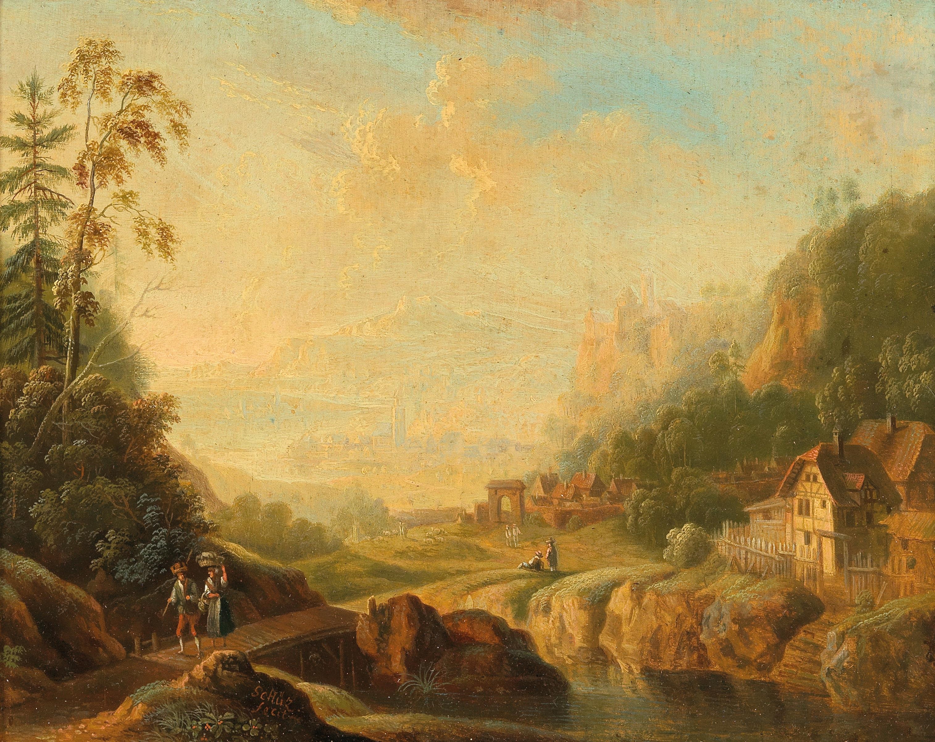 Christian Georg Schütz II | An extensive river landscape with wanderers ...