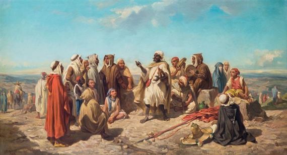 Scène animée orientaliste : le conteur arabe et son auditoire by Antoine Bronzi, 1868