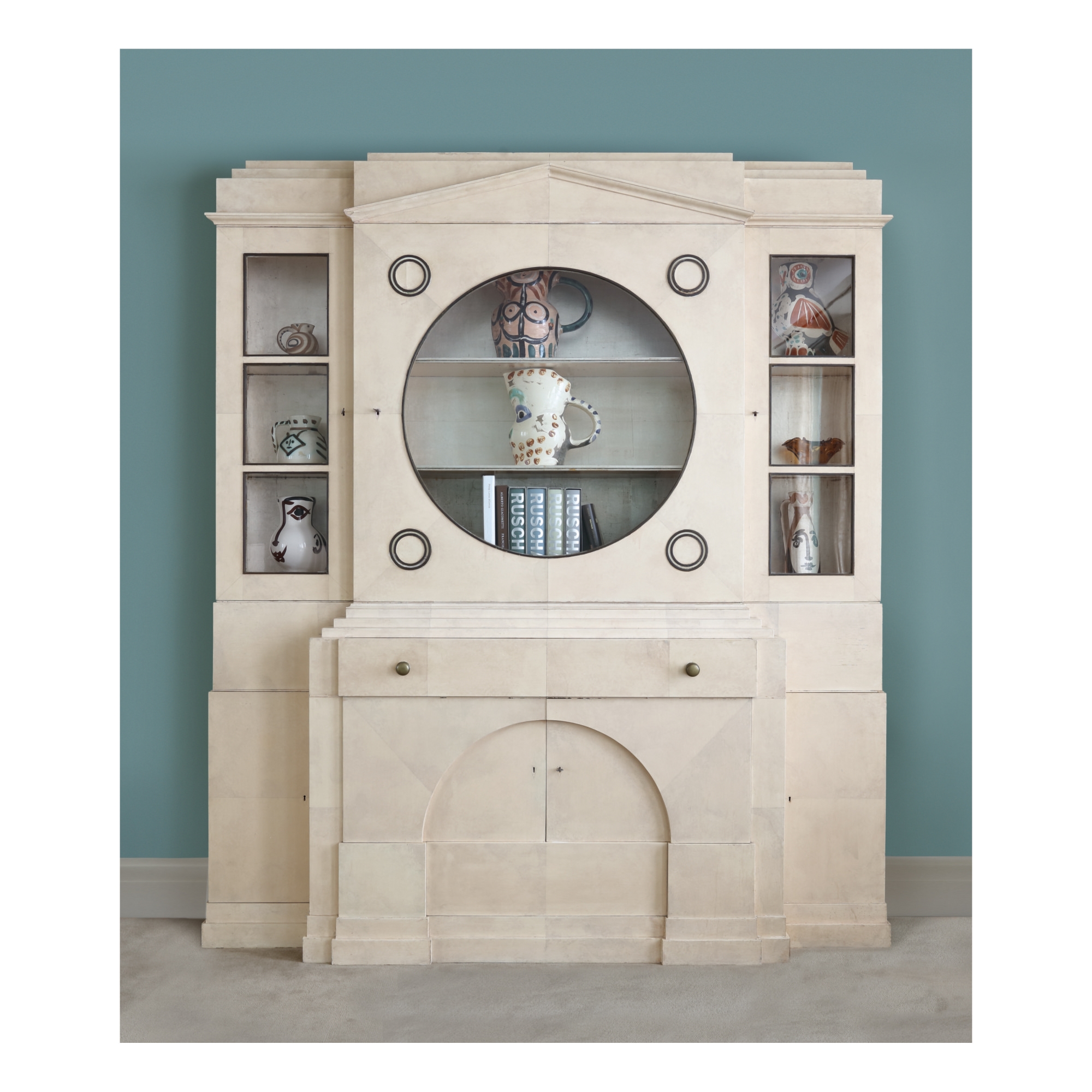 Artwork by Samuel A. Marx, SECRETARY CABINET, Made of lacquered and silver-leafed wood, patinated bronze, glass