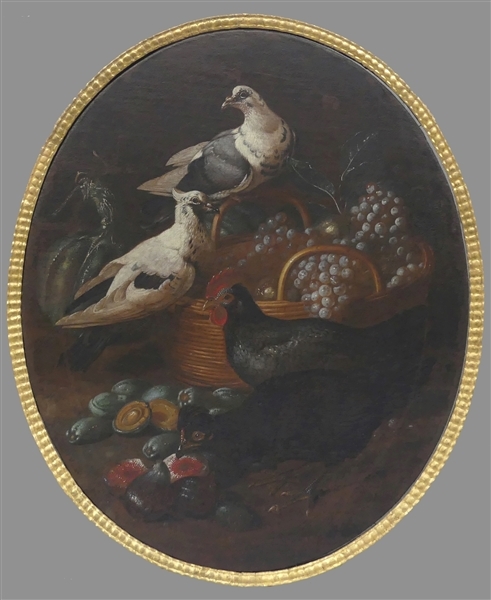 Artwork by German School, 18th Century, Stillleben mit Tauben, Hühnern und Obst, Made of Oil on canvas