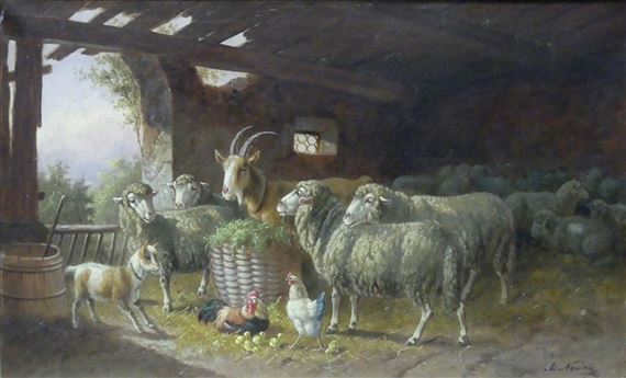 Stallinterieur mit Geißbock, Schafen und Hühnern by Adolf Nowey