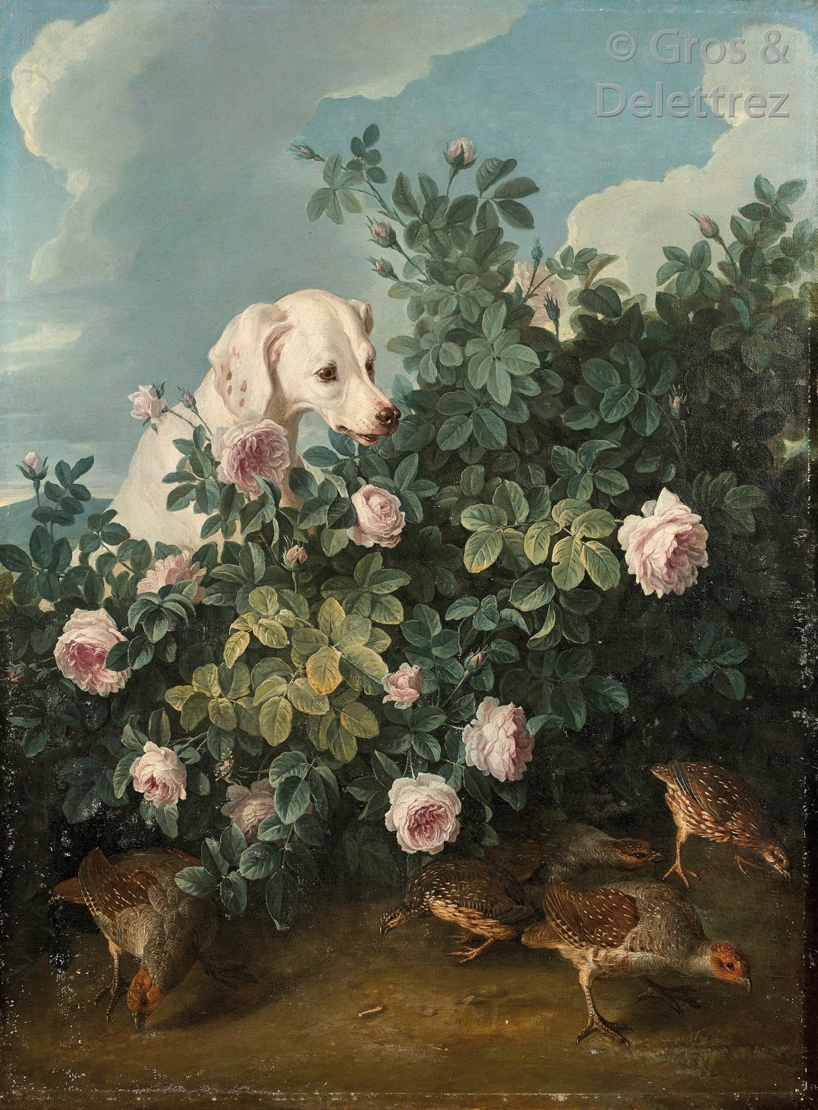 Artwork by Alexandre-François Desportes, A dog at rest in front of the partridges, Made of Canvas