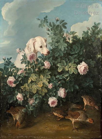 A dog at rest in front of the partridges by Alexandre-François Desportes
