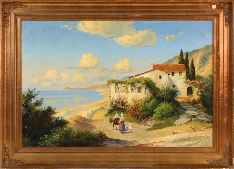Italian coastal view with a woman and some children looking across the sea by Niels Walseth