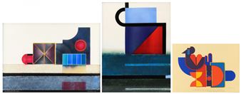 A triptych of geometric abstract art featuring bold shapes and vibrant colors.