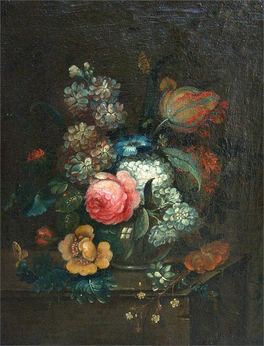 Adriaen van der Spelt | Flowers in a glass vase on a marble ledge with ...