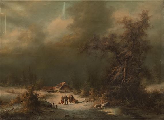 Winter scene with figures and sled by Ludwig Muninger
