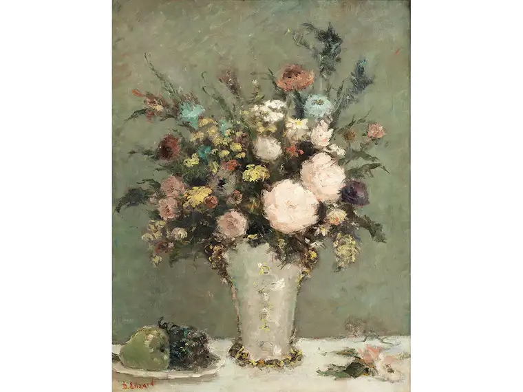 Dietz Edzard | STILL LIFE WITH FLOWERS IN VASE AND FRUIT ON A PLATE ...