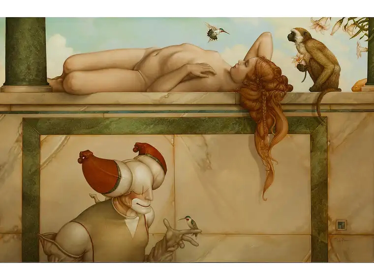 Reclining female WITH HARLEQUIN AND SEA CAT by Michael Parkes