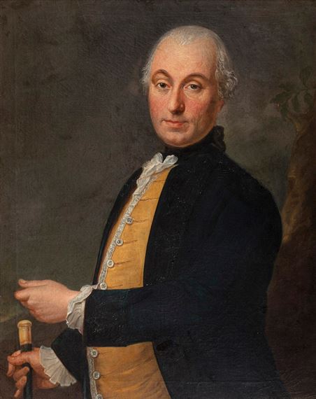 Portrait de gentilhomme vêtu d'une veste jaune à boutons argentés et d'une redingote bleue by Joachim Rupalley, 1777
