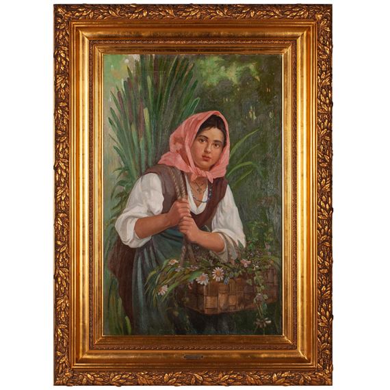 Young Woman with a Basket of Flowers - Valerian Babadin