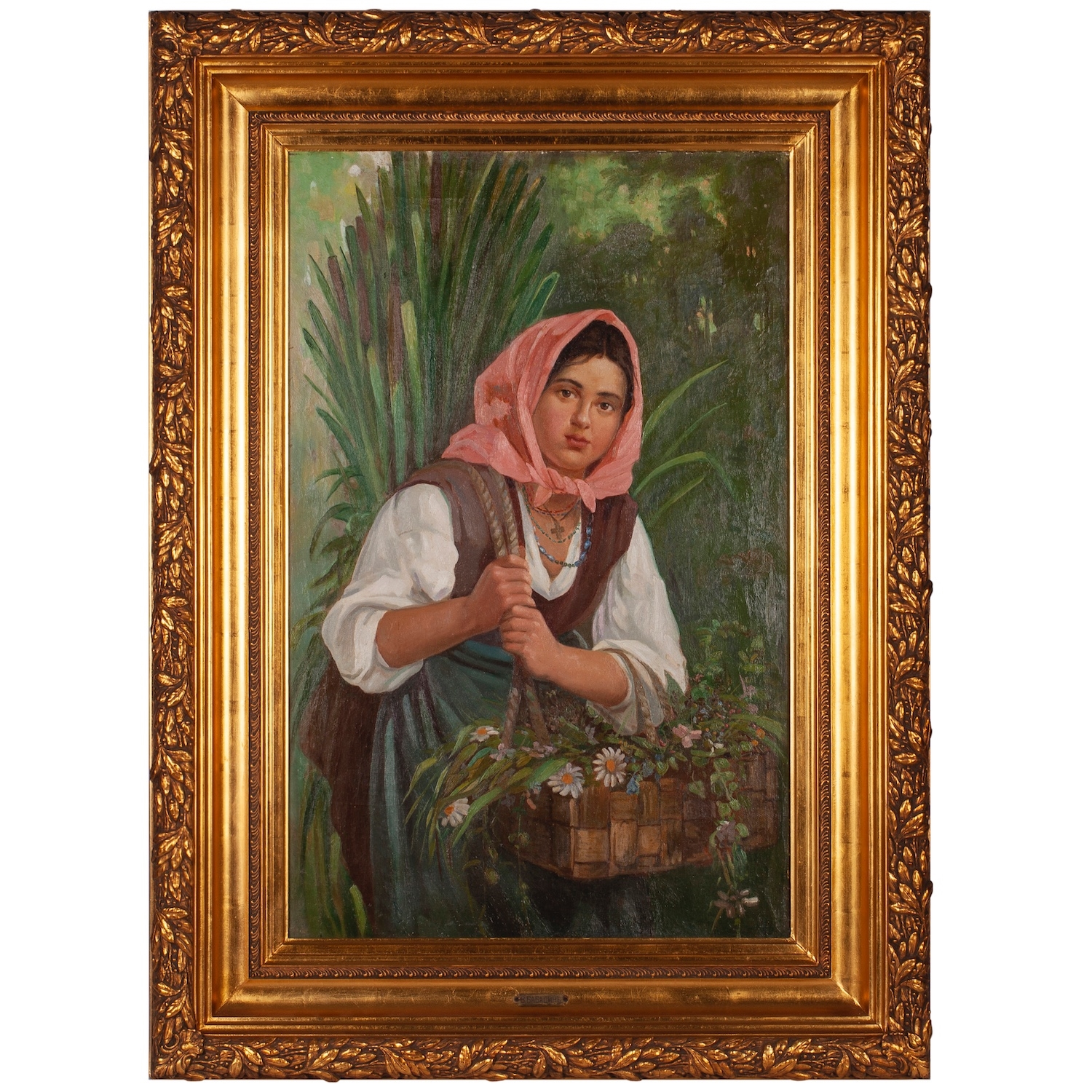 Artwork by Valerian Babadin, Young Woman with a Basket of Flowers, Made of Oil on canvas