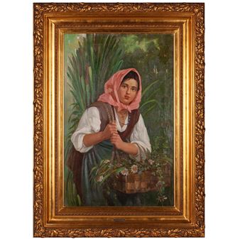 Young Woman with a Basket of Flowers - Valerian Babadin