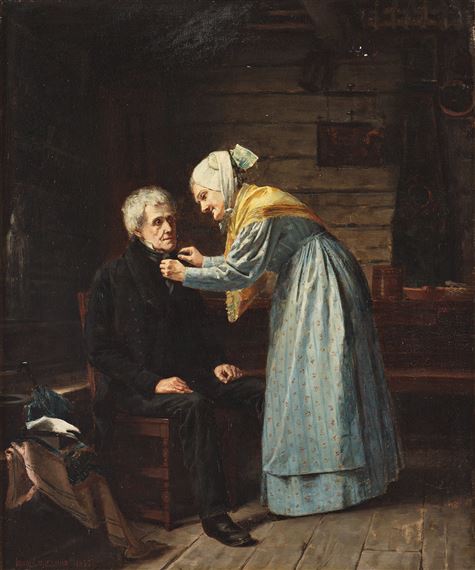 Interior with older couple by Arvid Liljelund