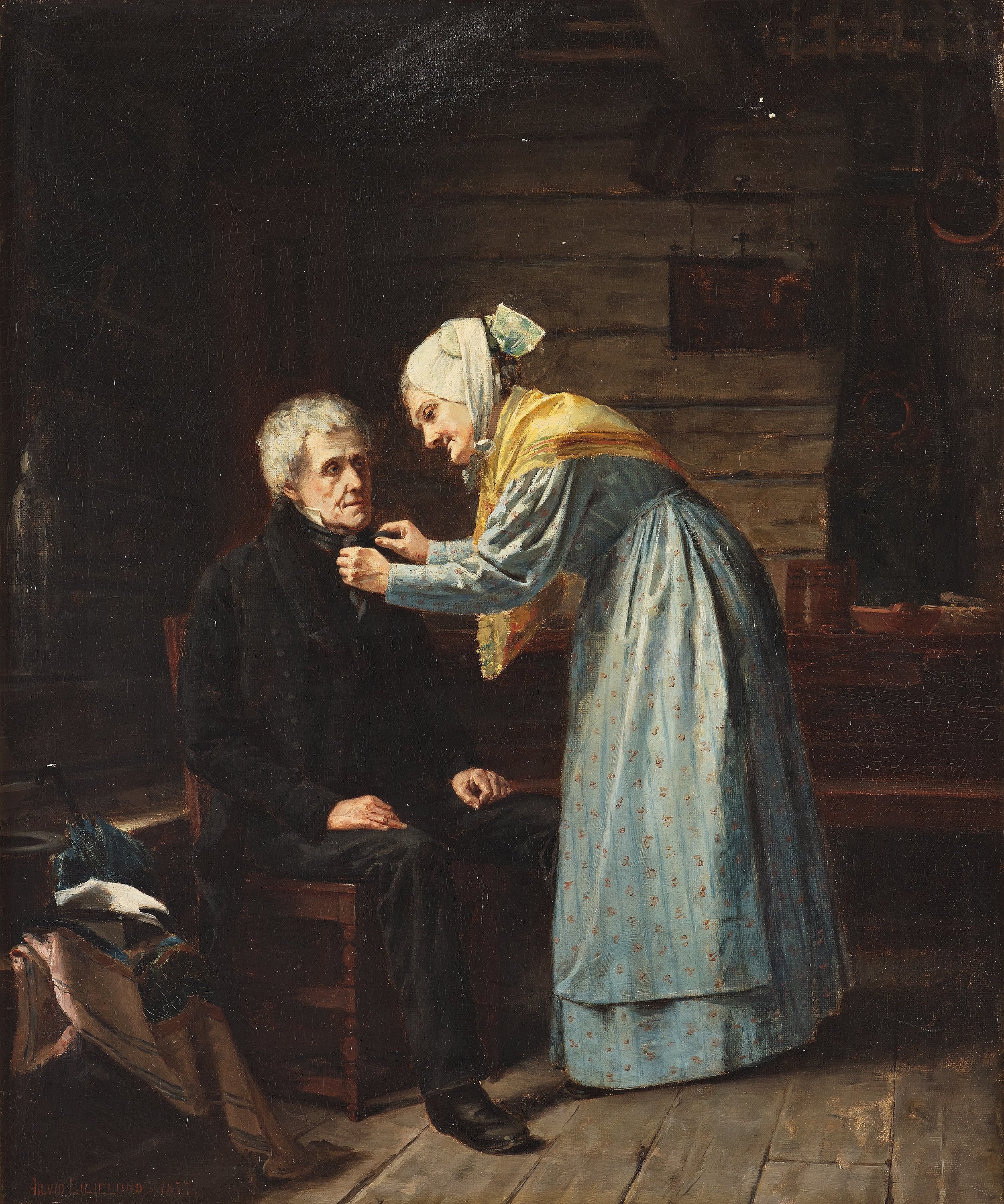 Artwork by Arvid Liljelund, Interior with older couple, Made of Oil on canvas