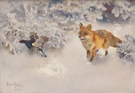Winter landscape with fox and black grouse by Bruno Liljefors, 1935