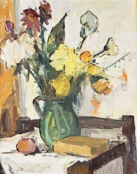 Natura statica cu flori si carte by Sever Frenţiu, 1962