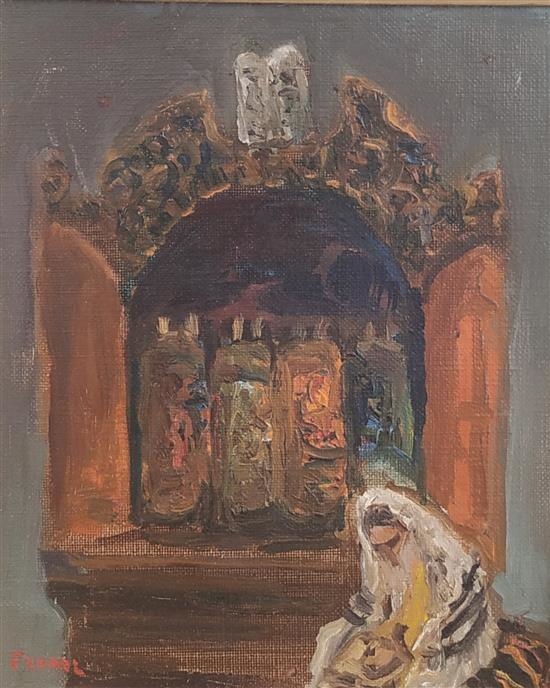 Artwork by Isaac Frenel, Orthodox man before a Holy Arch (Aron Kodesh), Made of oil on canvas
