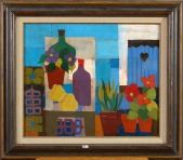 Nature morte aux bouteilles et aux pots de fleurs by Jean Oosterlynck