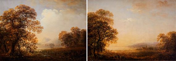 Ett par pastorala svenska landskap med får respektive herde med hund by Pehr Gustaf Von Heideken