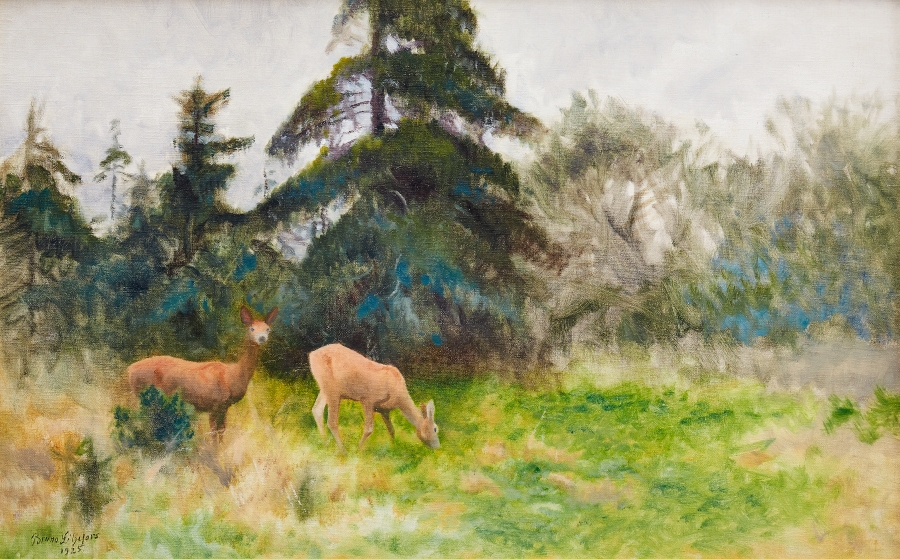 Artwork by Bruno Liljefors, Skogsglänta med rådjur, Made of oil on canvas