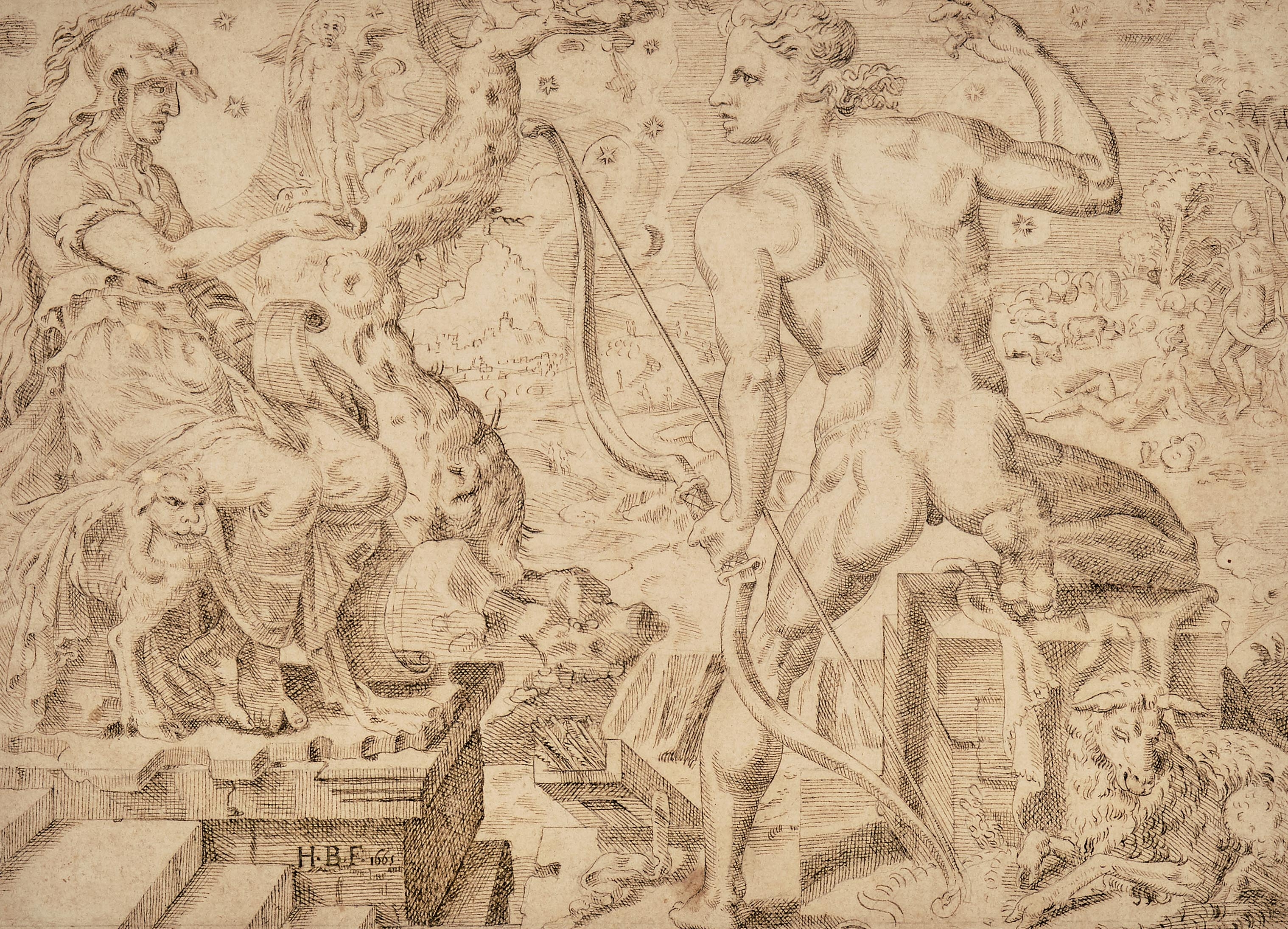 Artwork by Monogrammist H.B., Antike Götter als Tierkreiszeichen, Made of Pen drawing in brown