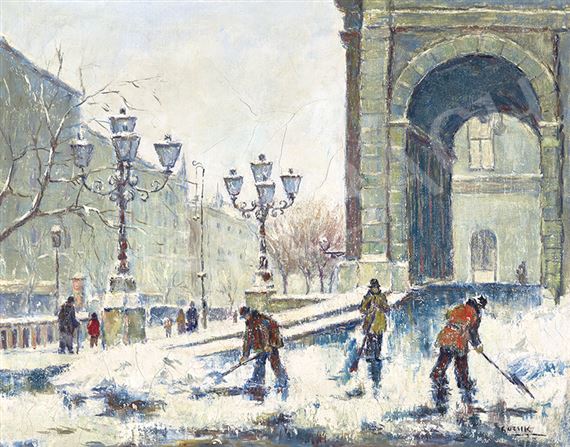 At the Opera in Winter by Ödön Guzsik, circa 1940