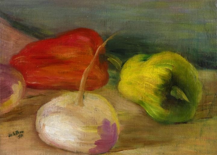 Artwork by Giulio Da Milano, Natura morta con peperoni e rapa, Made of oil painting on canvas