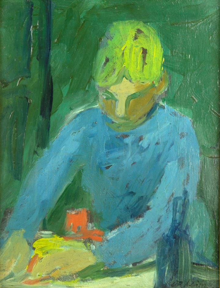 Artwork by Giulio Da Milano, Ragazza con maglia azzurra, Made of oil on board