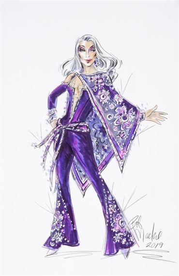 Bob Mackie | Costume sketch with printed outline of Cher in a purple ...