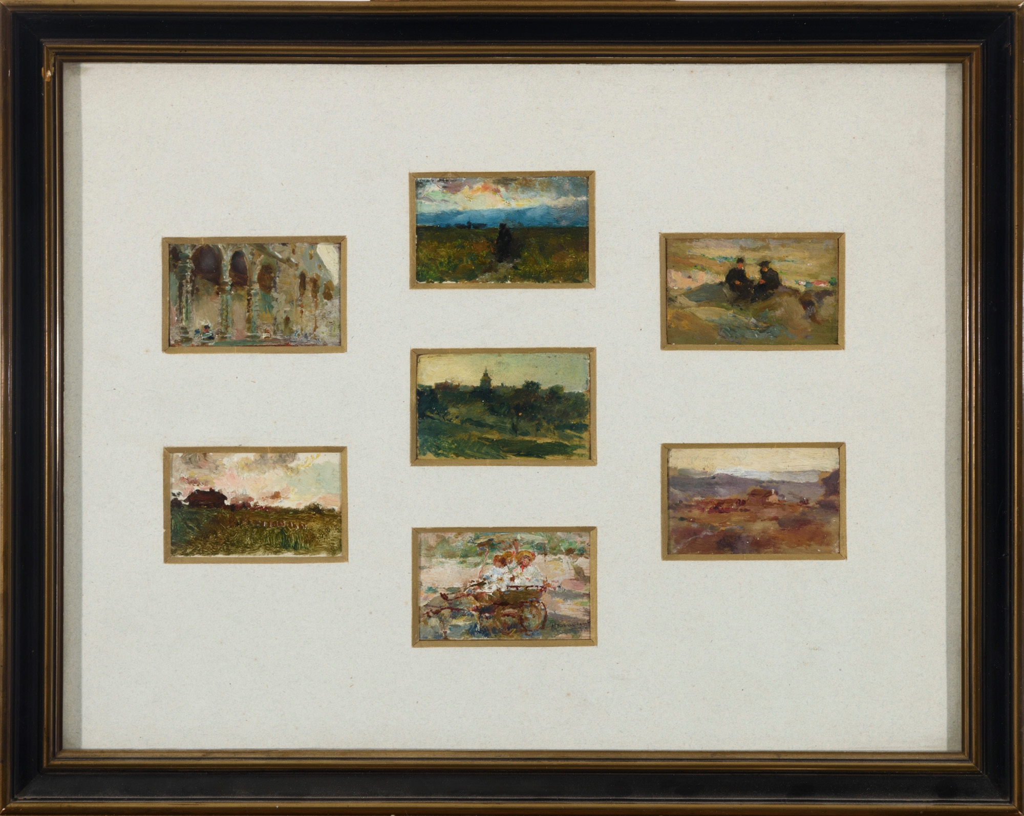 Seven works under the same frame: Paisajes by Manuel Domínguez Sánchez