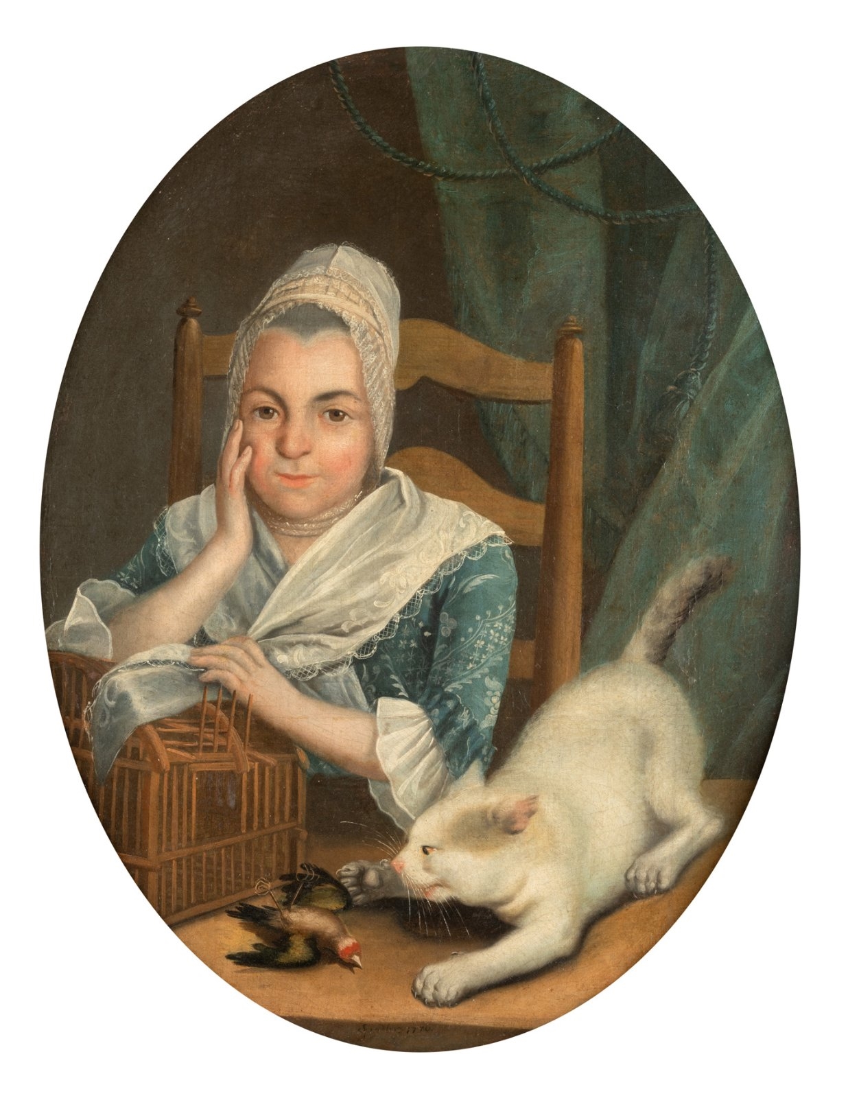 Christian Friedrich Von Spindler Portrait De Femme Au Chat Et A La Cage A Oiseau 1770 Mutualart