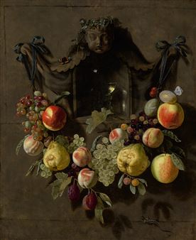 A TROMPE L'OEIL STILL LIFE WITH A SWAG OF GRAPES, PEARS, PEACHES, APPLES, PLUMS, AND BUTTERFLIES DECORATING A NICHE WITH A GLASS ROEMER - Pieter van den Bosch